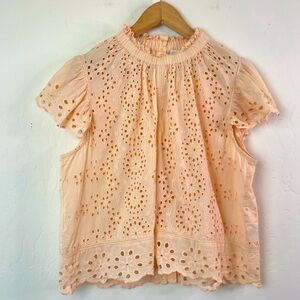 Jennifer + Grace Eyelet Babydoll Romantic Flutter Sleeve Top in Peach Size XL